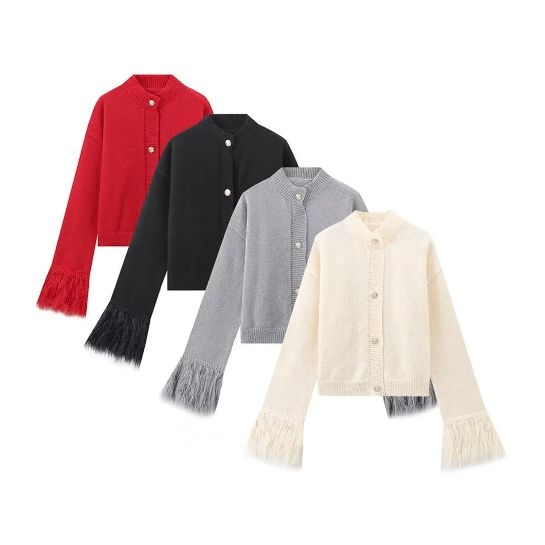Damen Strickjacke mit fransigen Ärmeln und Knopfdetail Sovae