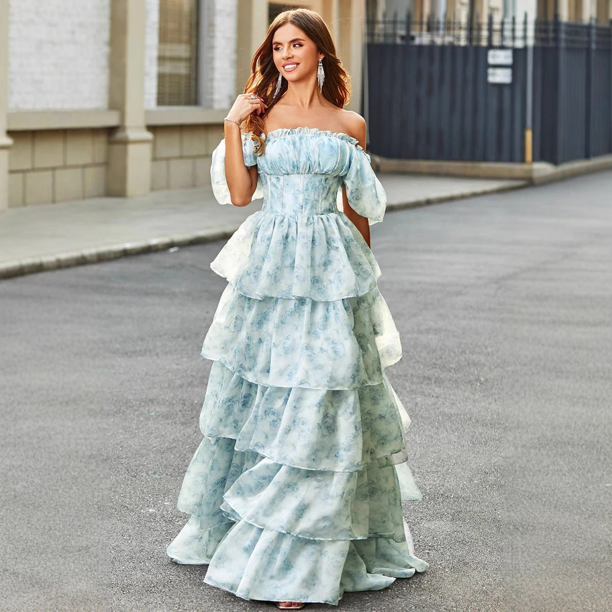 Damen Off-Shoulder Maxikleid mit voluminösen Rüschen Sovae