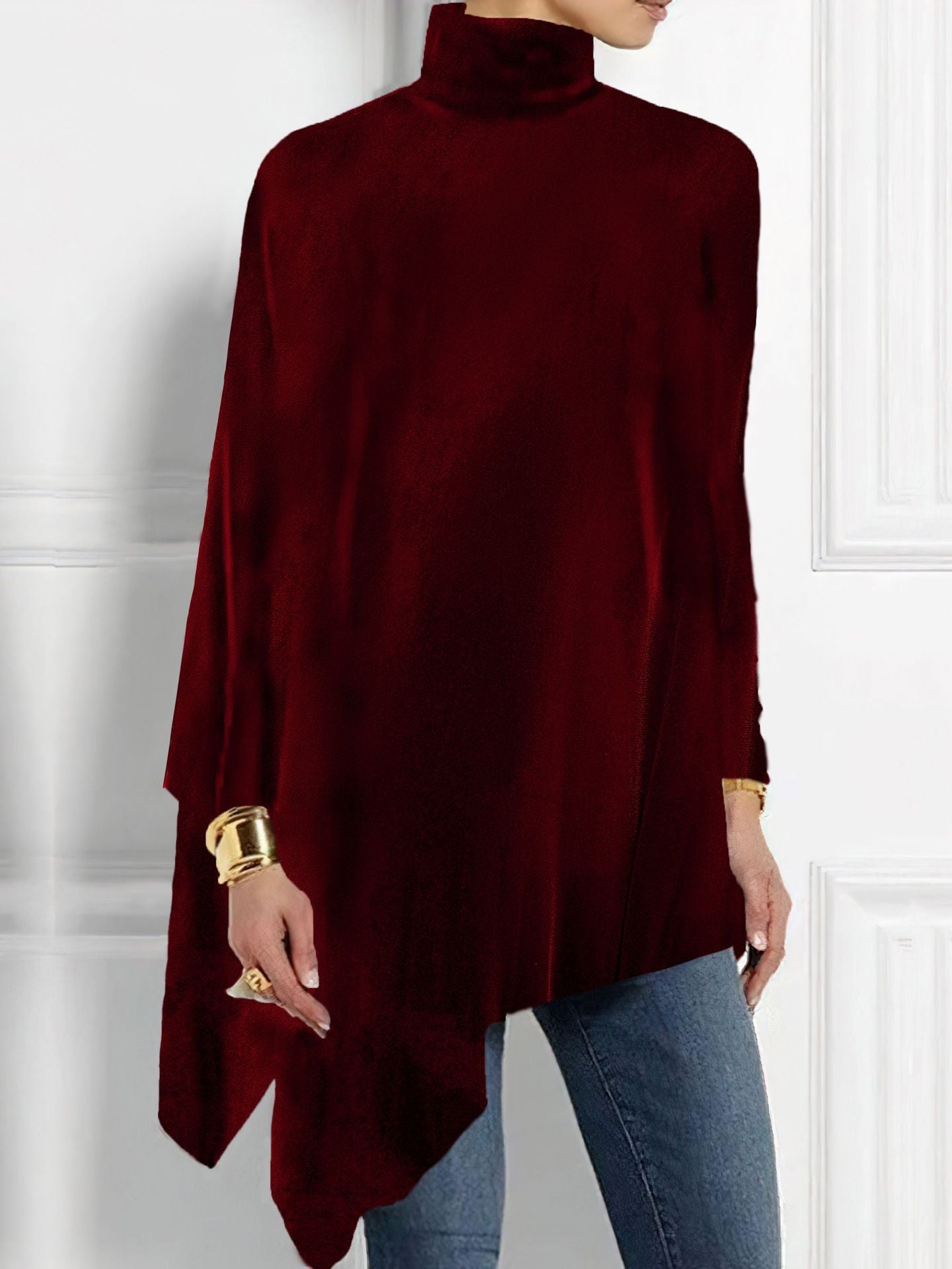 Damen edles Kapuzenponcho mit asymmetrischem Saum Sovae