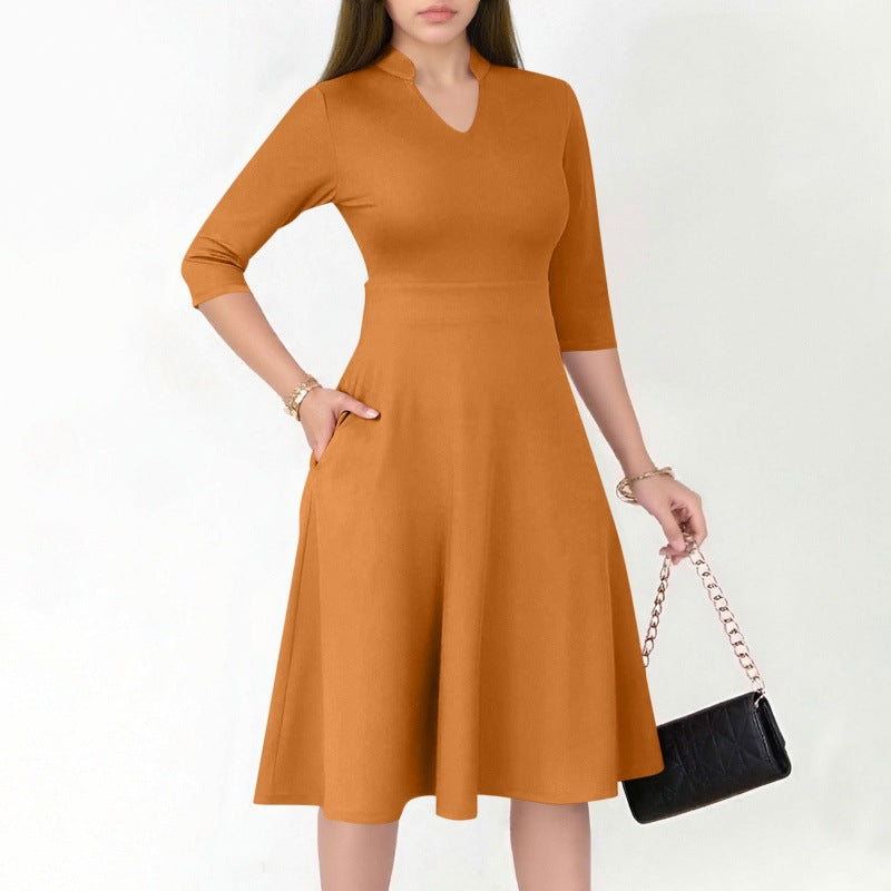 Damen A-Linien Kleid mit 3/4 Ärmeln und seitlichen Taschen Sovae