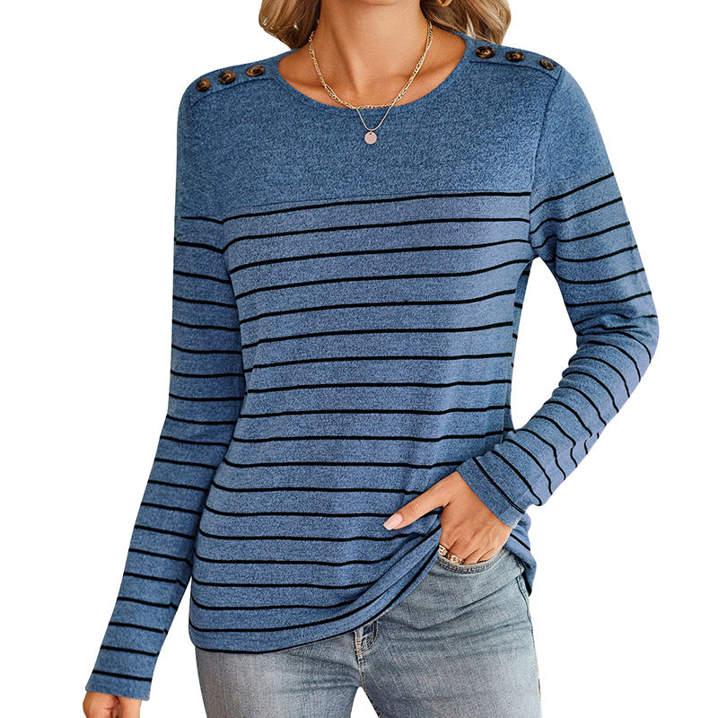 Damen modisches Langarmshirt mit Streifenmuster und dekorativen Knöpfen Sovae