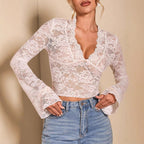 Damen Spitzenbluse mit V-Ausschnitt und glockigen Ärmeln Sovae