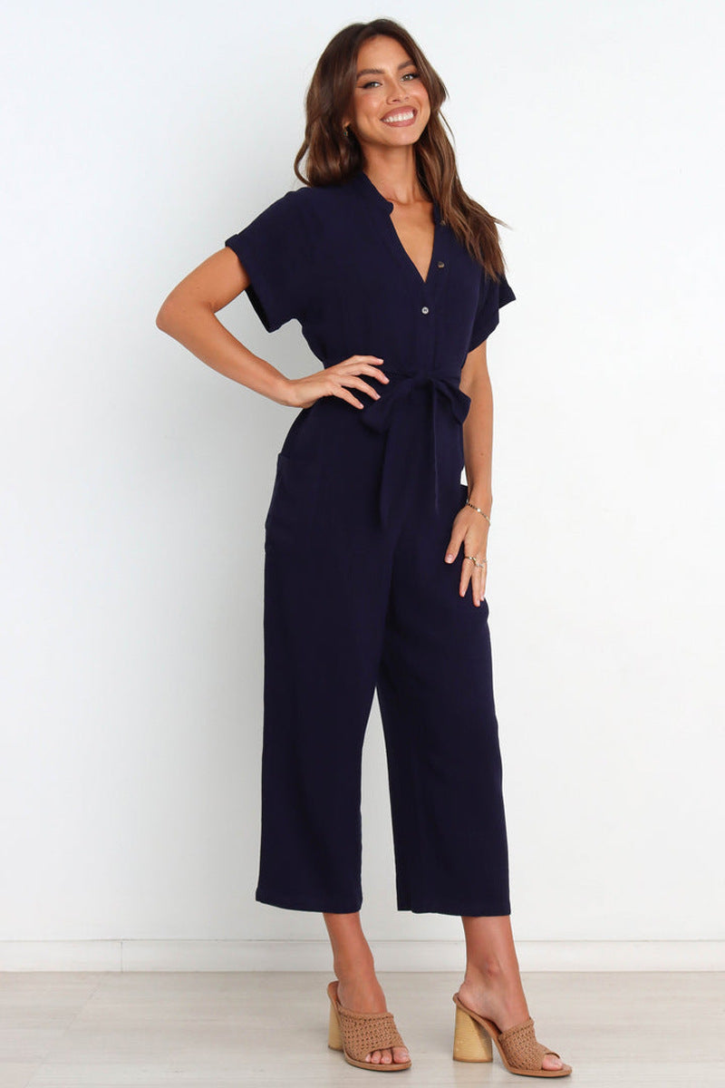 Damen lässiger Jumpsuit mit Taillengürtel und kurzen Ärmeln Sovae