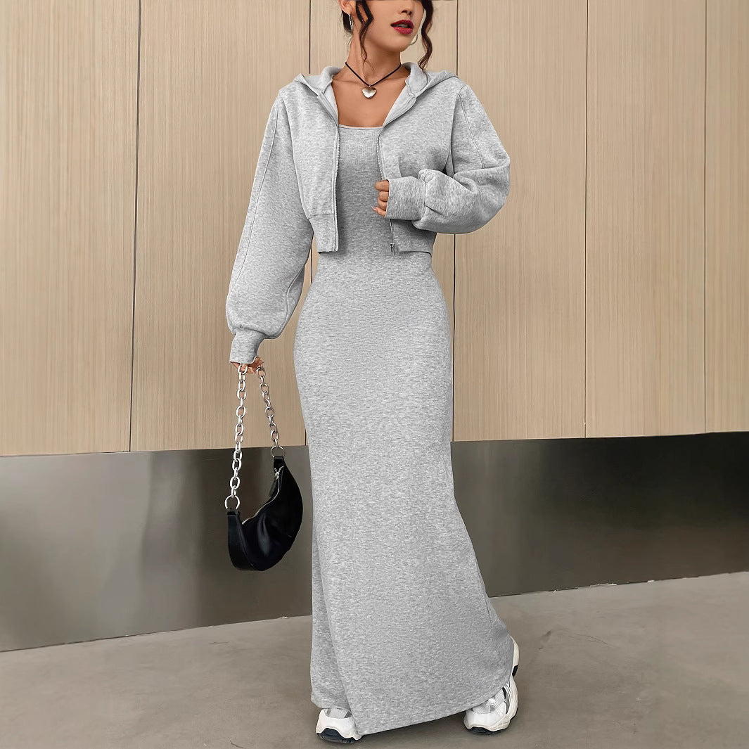 Damen Maxi Kleid mit Spaghettiträgern und lässiger Kapuzenjacke Sovae