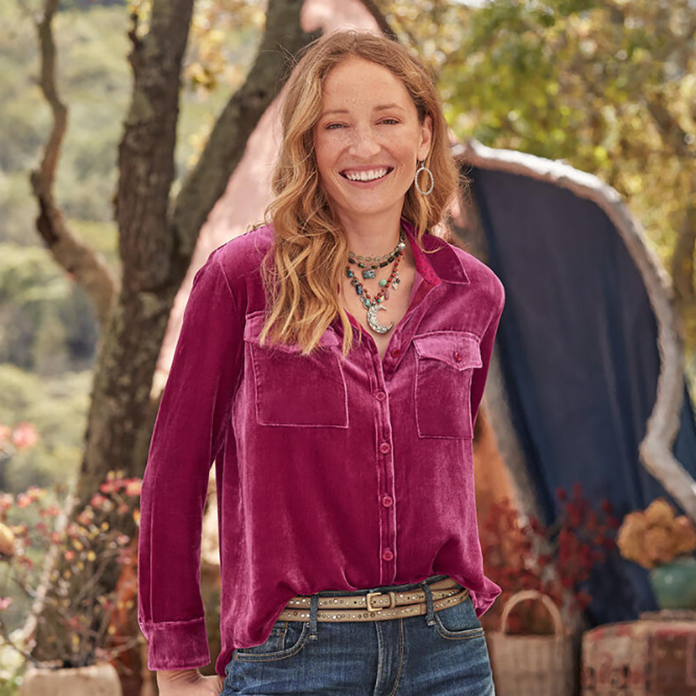 Damen Veloursbluse mit dekorativen Taschen Sovae