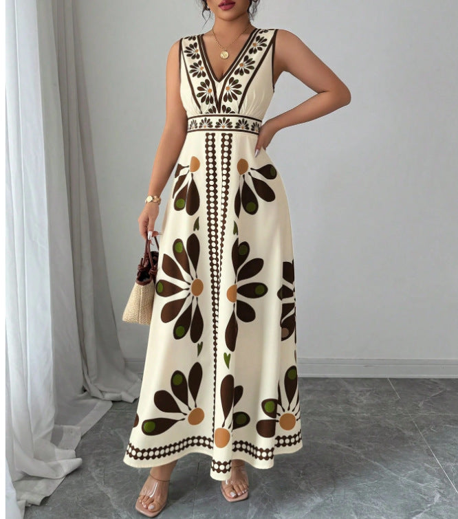 Damen Maxikleid mit voluminösem Blumenmuster und tiefem V-Ausschnitt Sovae