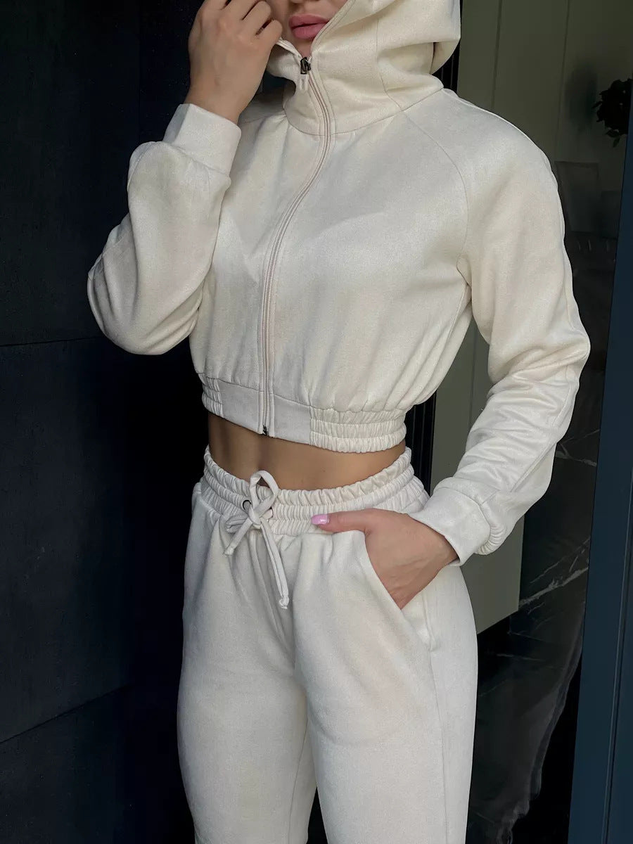 Damen Sportliches Fleece-Cropped-Set mit Kapuze und elastischem Bund Sovae