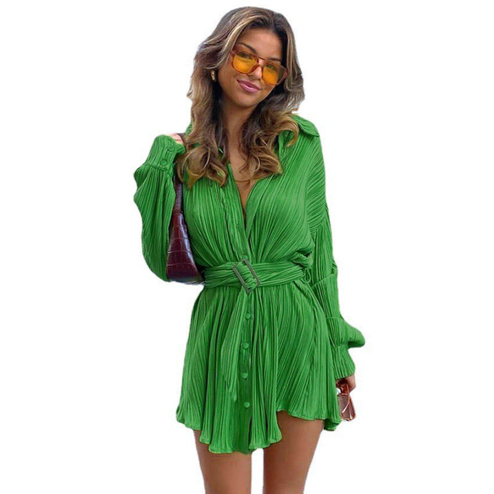 Damen Plissee Hemdblusenkleid mit Gürtel Sovae