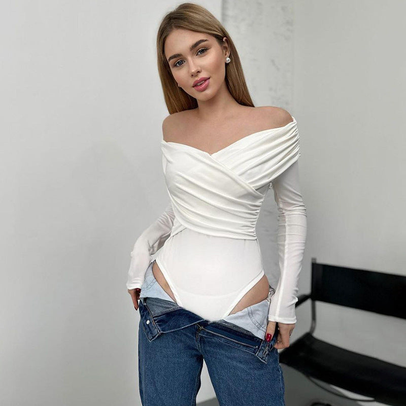 Damen Off-Shoulder Bodysuit mit Raffungen und langen Ärmeln Sovae