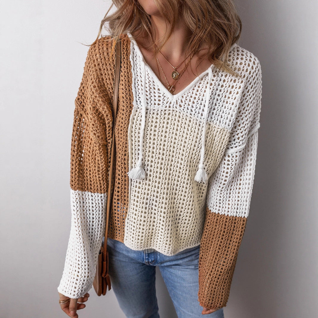 Damen luftiger Strickpullover mit modernem Netzstruktur-Design und dekorativen Kordeln Sovae