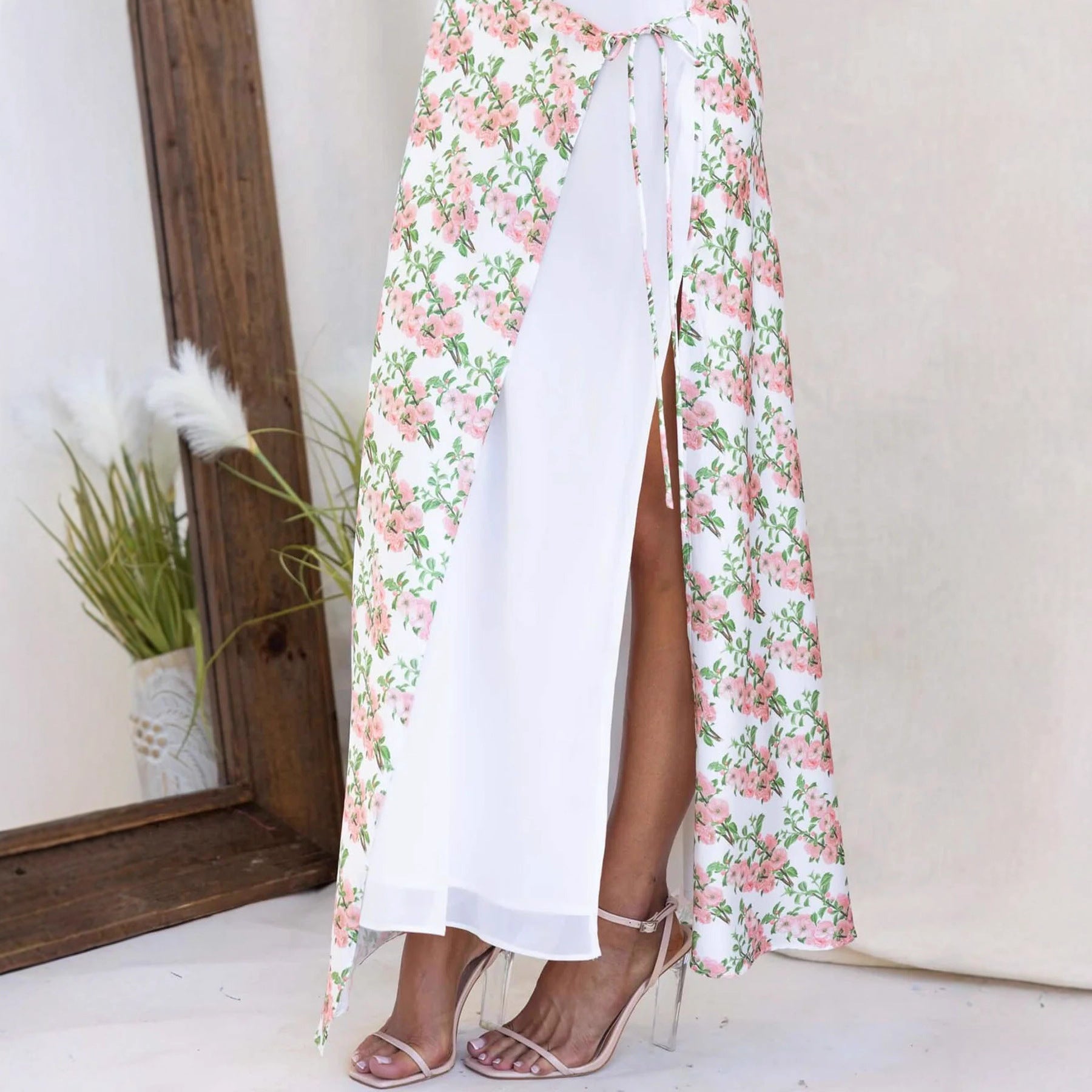 Damen Strapless Maxikleid mit floralem Überwurf und asymmetrischem Saum Sovae