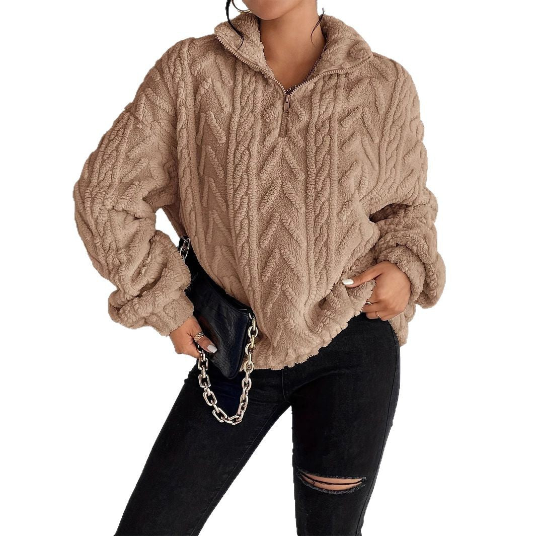 Damen gemütlicher Fleece-Pullover mit halbem Reißverschluss und strukturiertem Muster Sovae