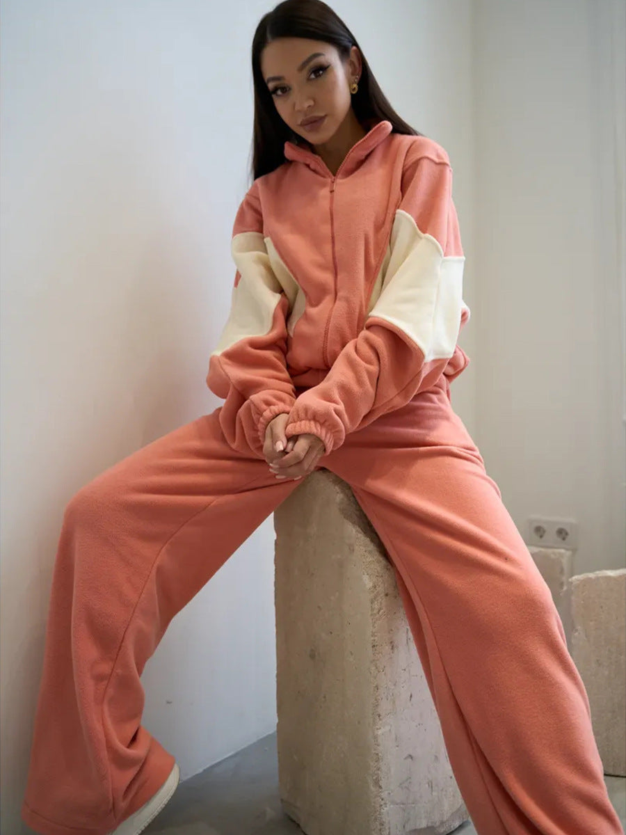 Damen sportliches Fleece-Set mit hochgeschlossenem Kragen und weiten Hosen Sovae