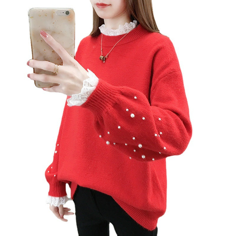Damen trendiger Strickpullover mit Perlendetails und voluminösen Ärmeln Sovae