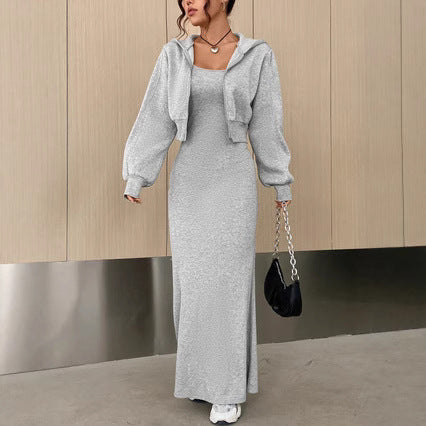 Damen Maxi Kleid mit Spaghettiträgern und lässiger Kapuzenjacke Sovae