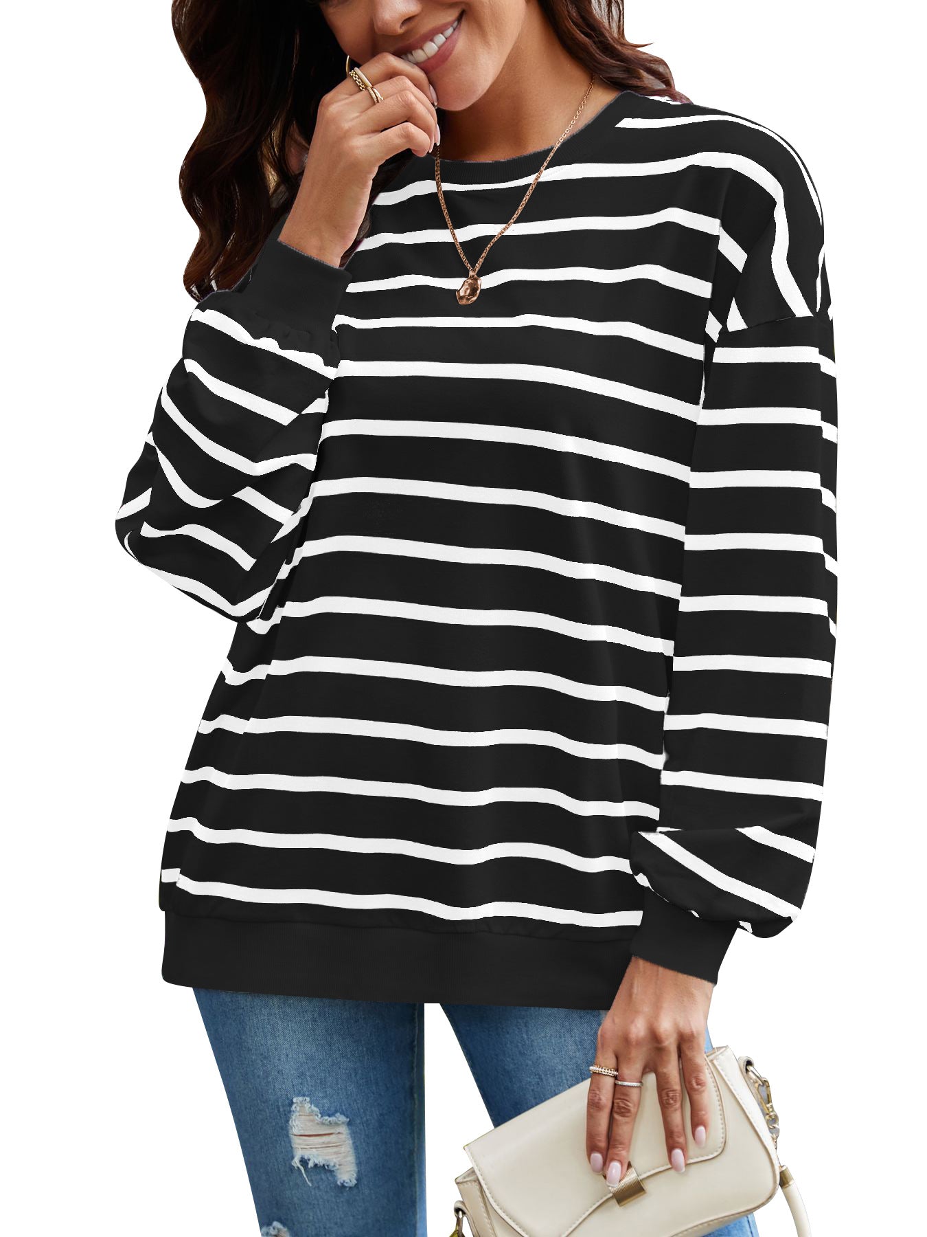 Damen gestreifter Pullover mit weitem Schnitt Sovae