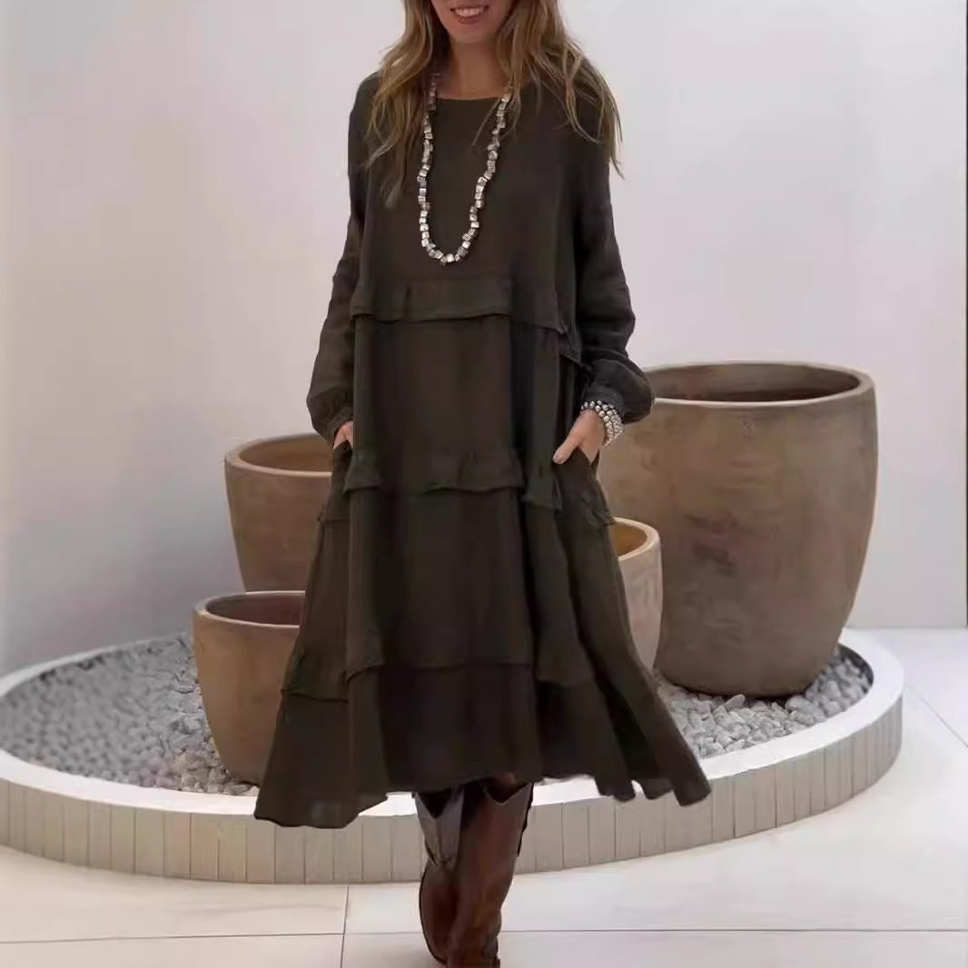 Damen luftiges Leinen-Midikleid mit Rüschendetails Sovae