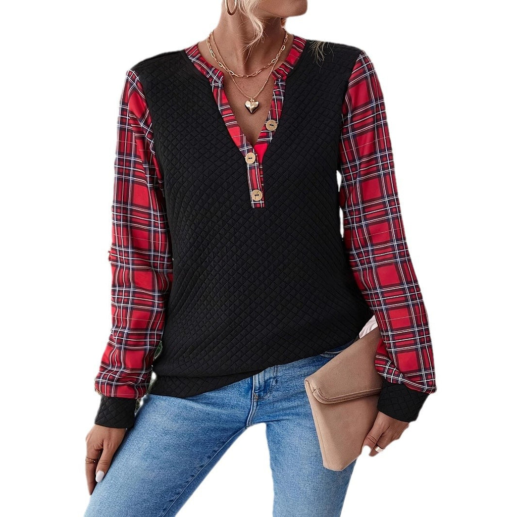 Damen modisches Langarmshirt mit Karomuster und Knopfdetail Sovae