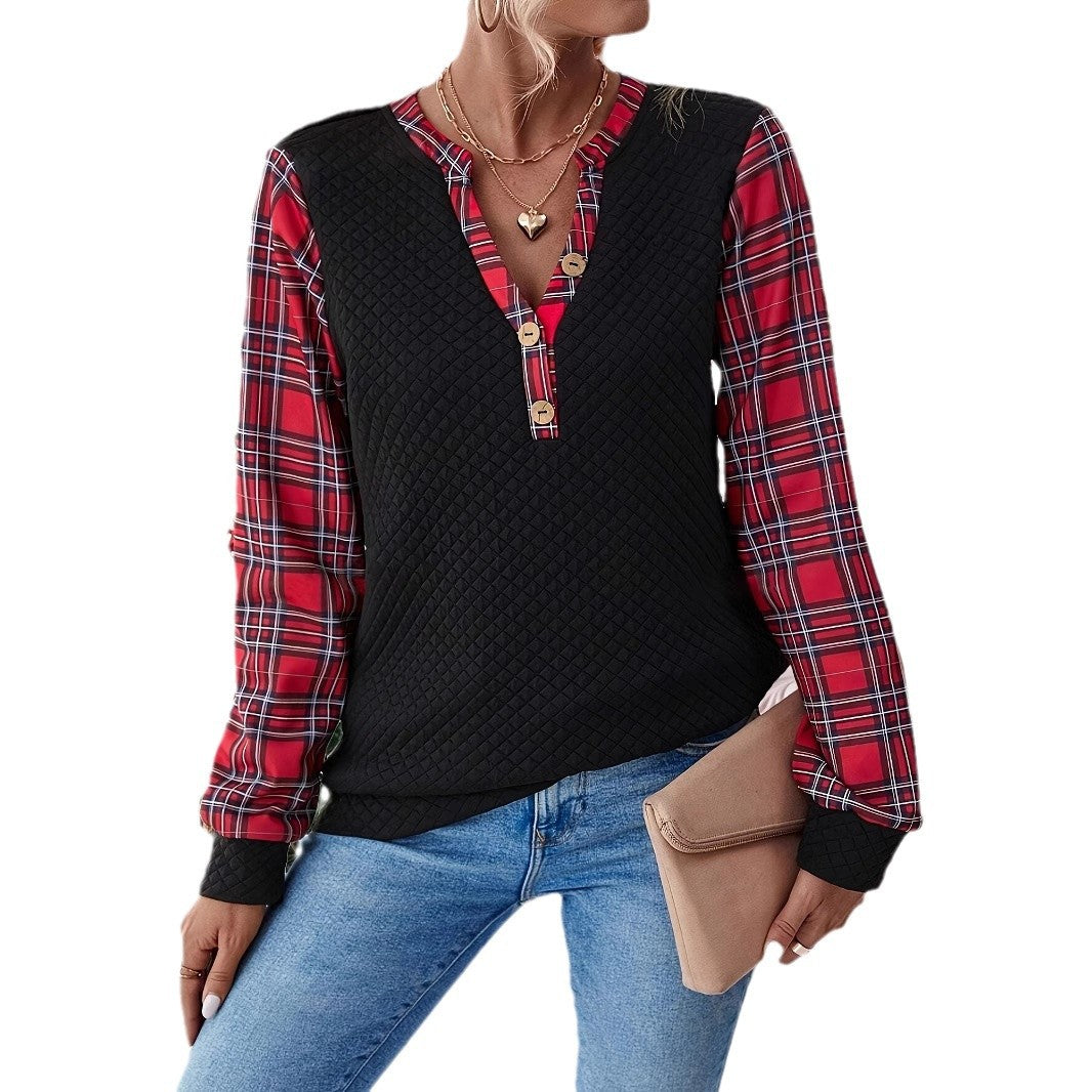 Damen modisches Langarmshirt mit Karomuster und Knopfdetail Sovae