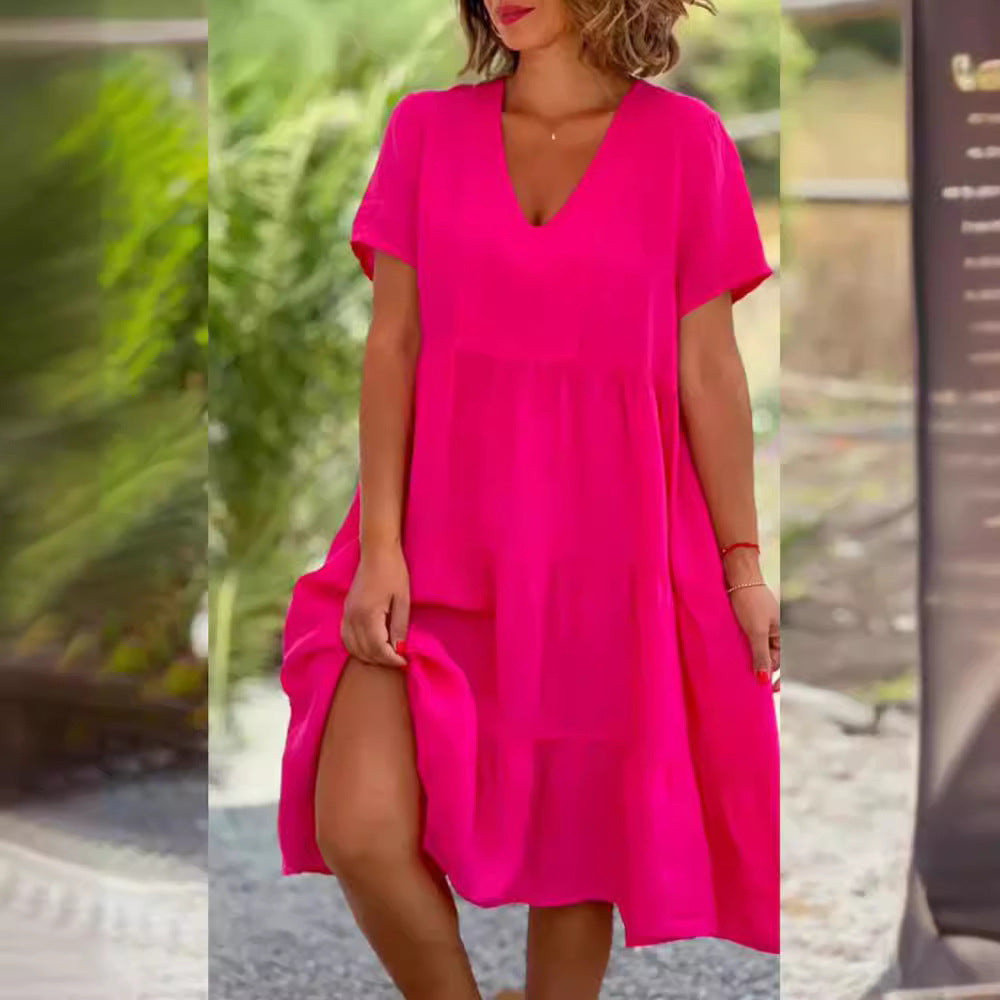 Damen luftiges V-Ausschnitt Kleid mit schwingendem Saum Sovae
