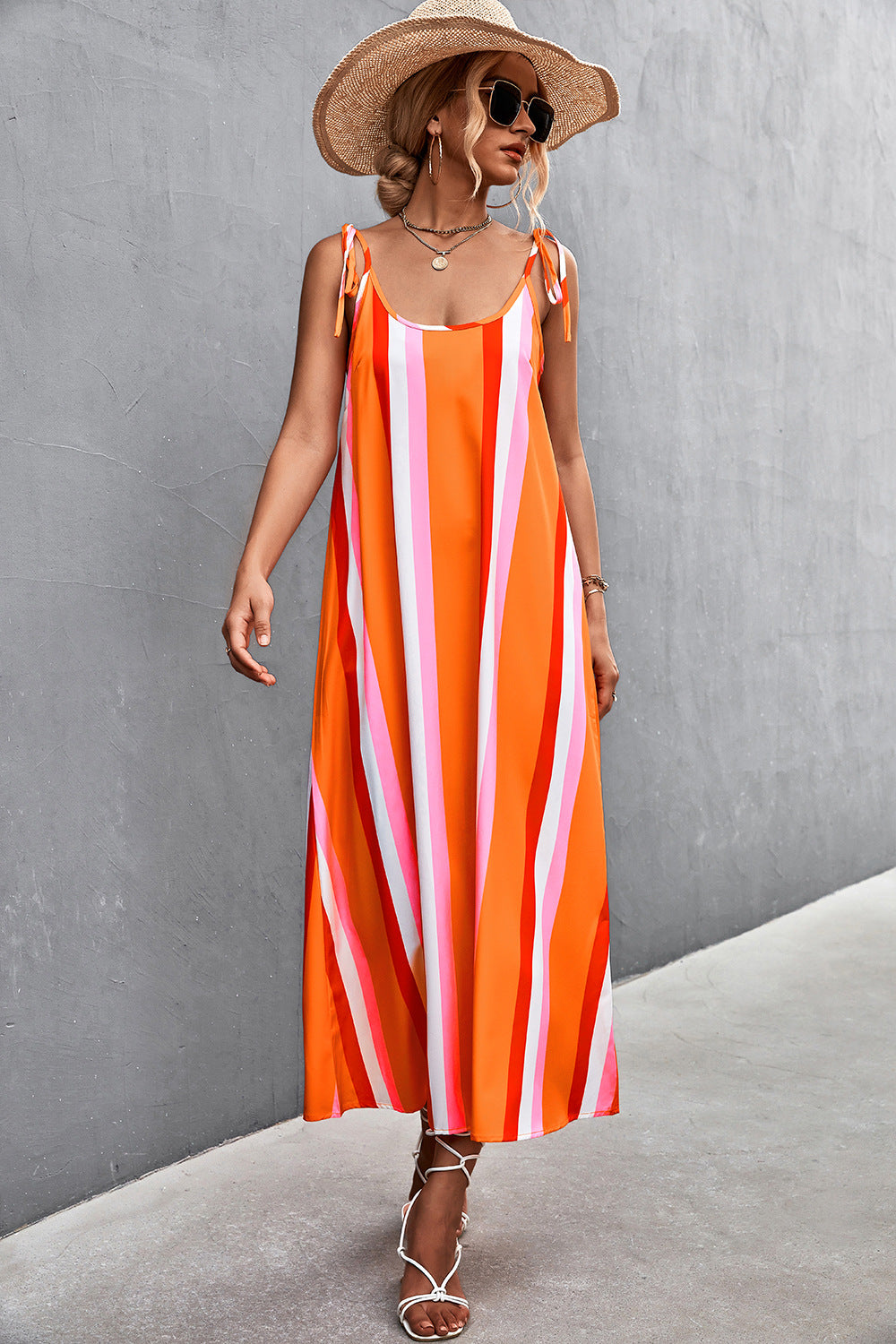 Damen Maxikleid mit modischen Streifen und taillierendem Gürtel Sovae