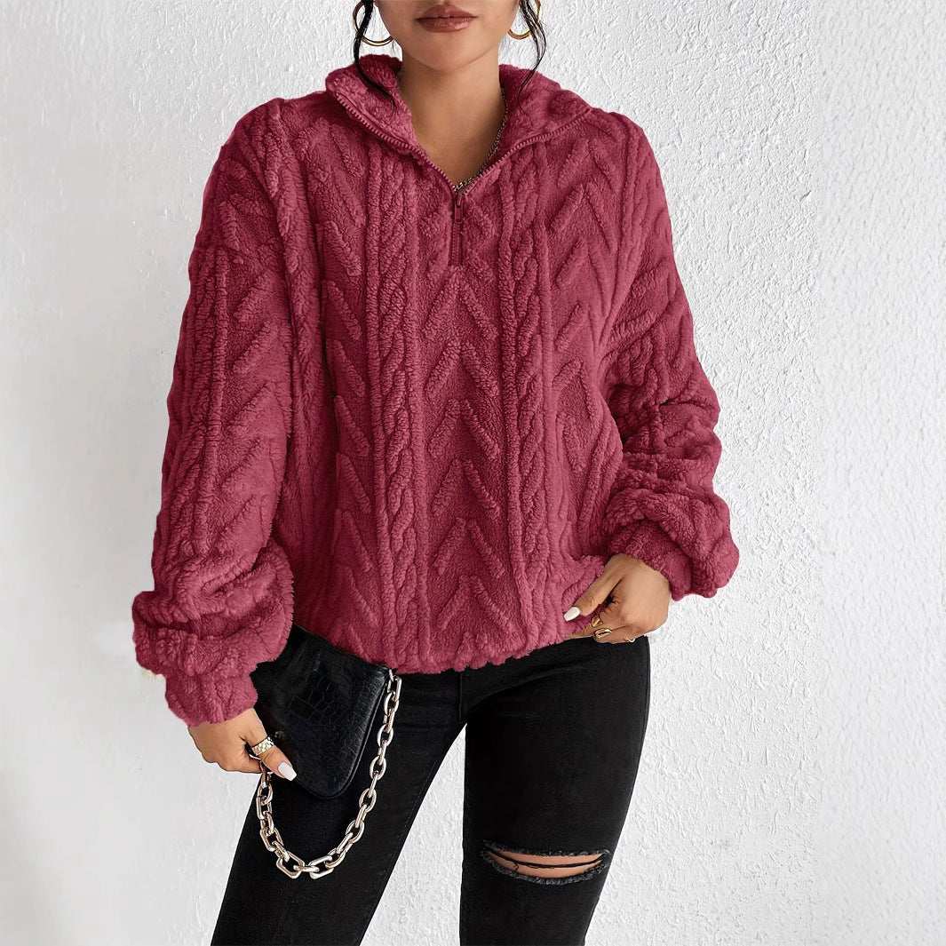 Damen gemütlicher Fleece-Pullover mit halbem Reißverschluss und strukturiertem Muster Sovae