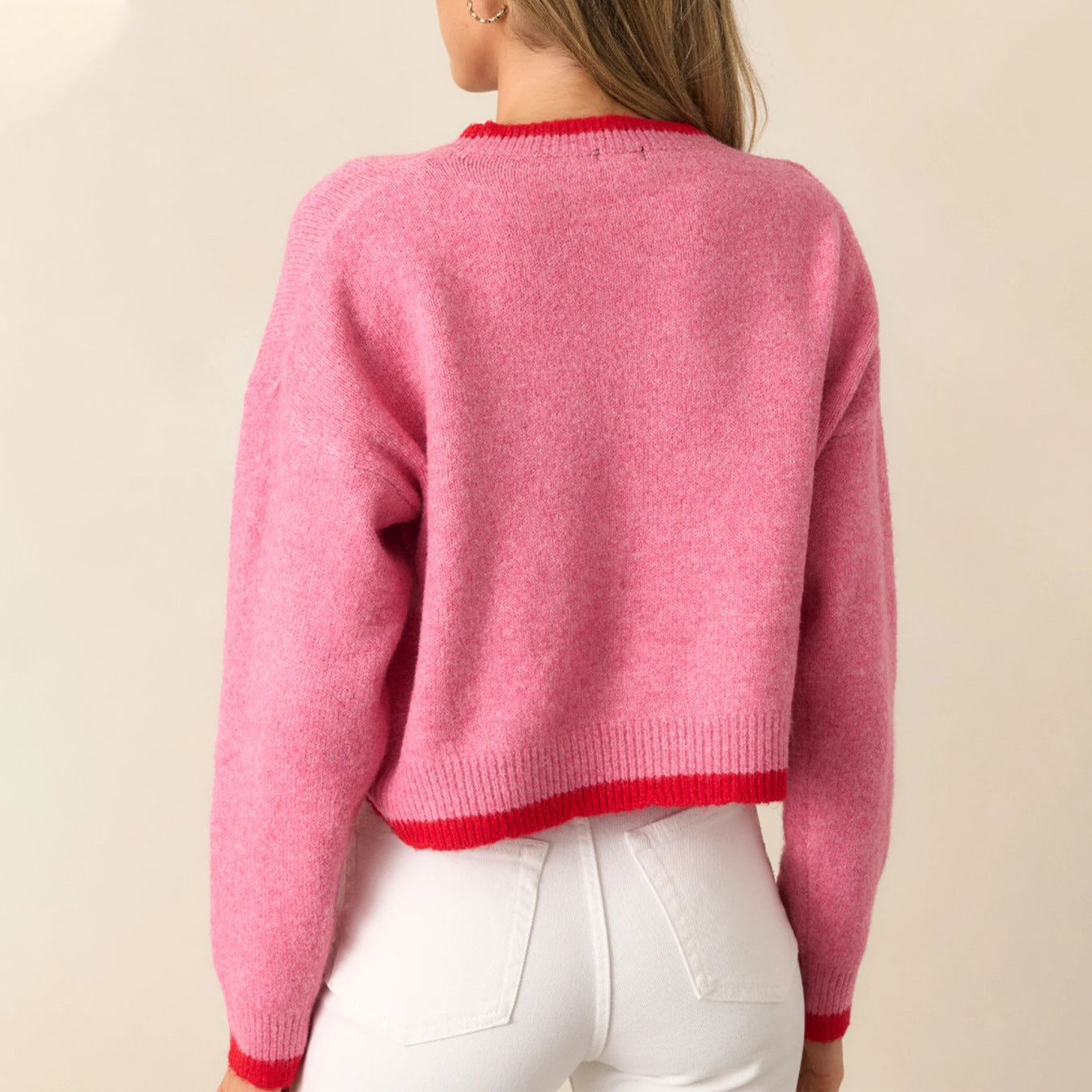 Damen trendiger Pullover mit Erdbeer-Motiv und Kontrastbündchen Sovae