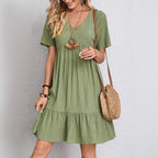 Damen Sommerliches V-Ausschnitt Kleid mit Volant Säume Sovae