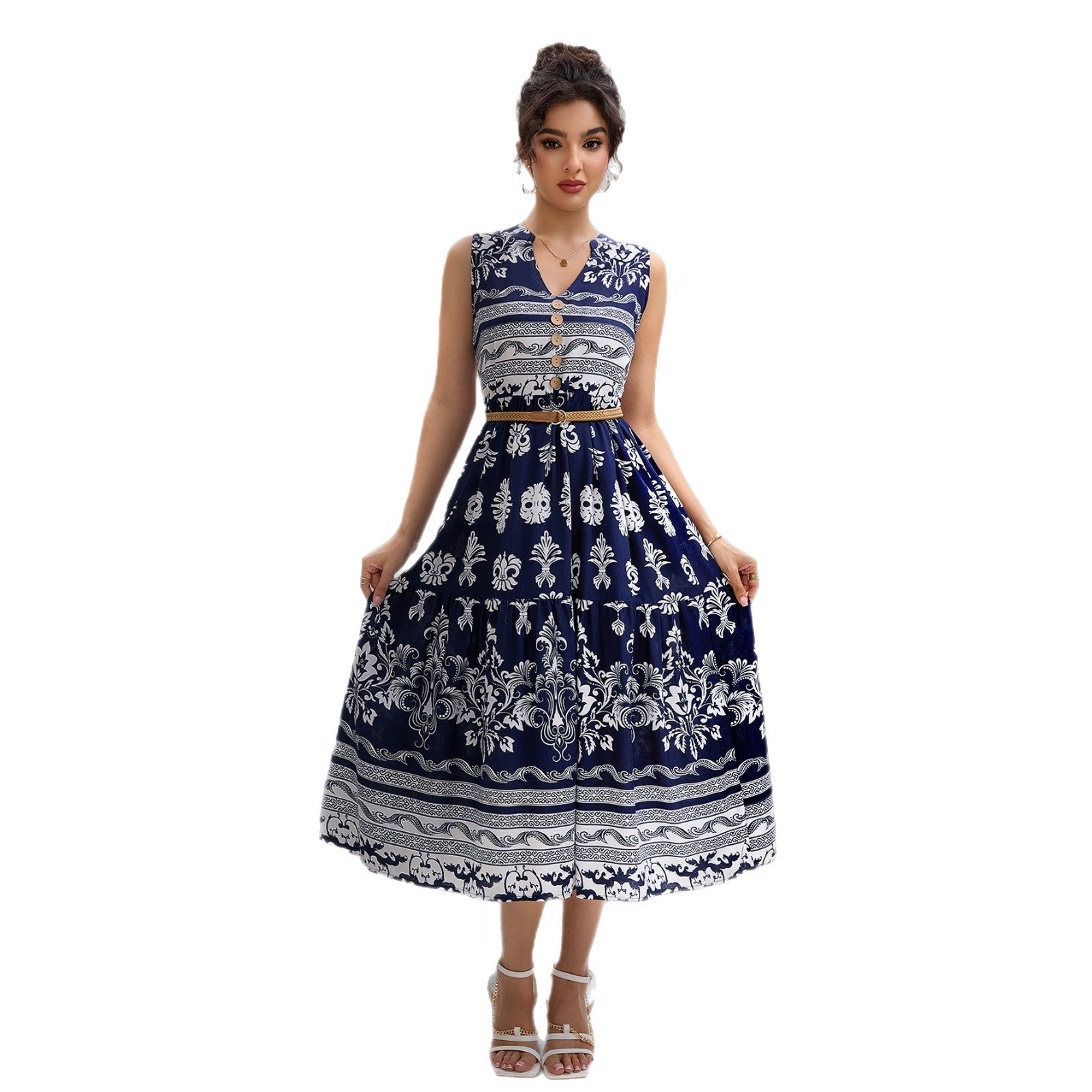 Damen Knielanges Kleid mit floralen Mustern Sovae