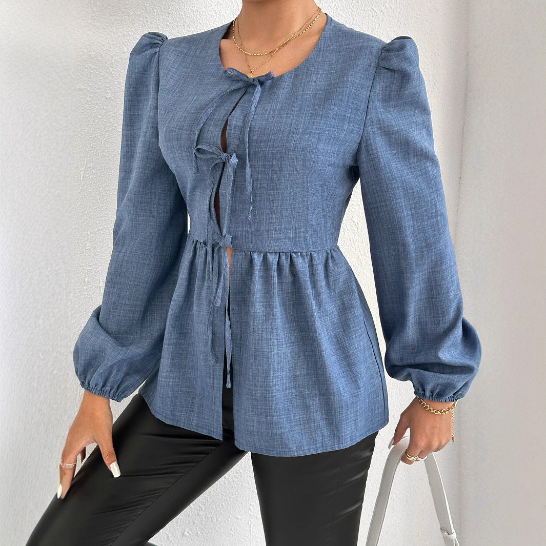 Damen Bluse mit geraffter Taille und ballonförmigen Ärmeln Sovae