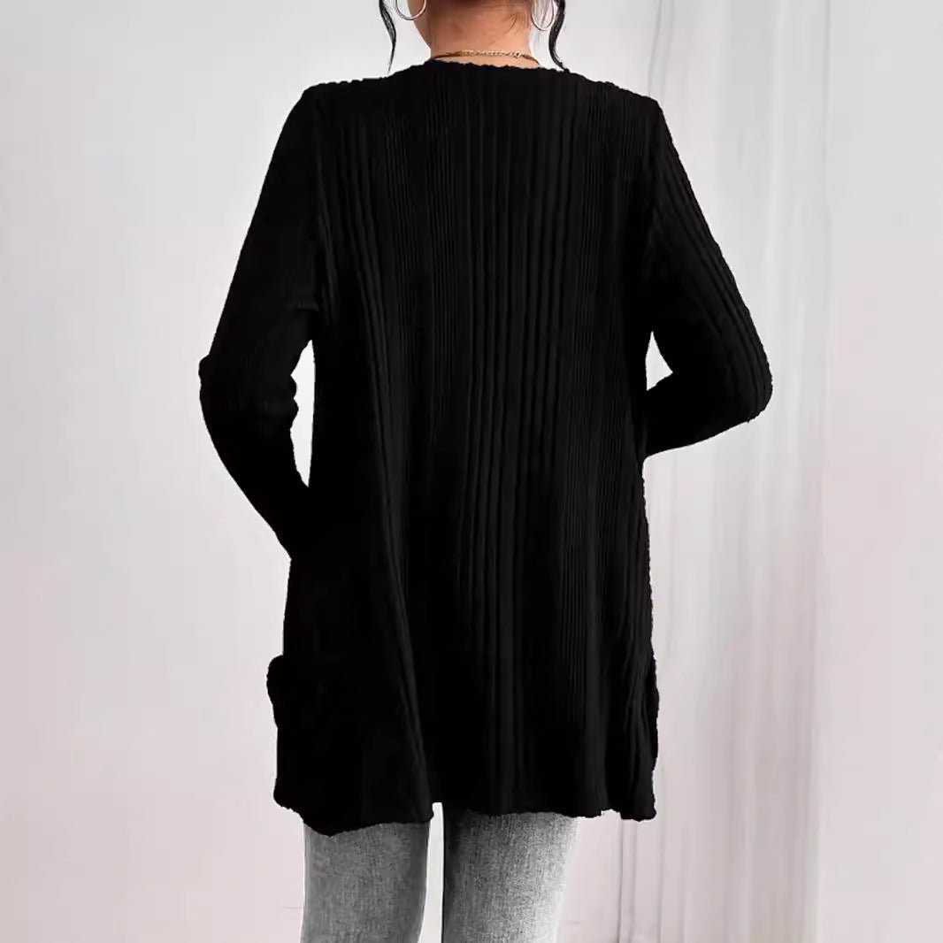 Damen lässiger Rippen-Strickcardigan mit aufgesetzten Taschen Sovae