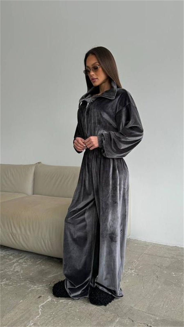 Damen luxuriöser Velours-Jumpsuit mit hohem Kragen Sovae