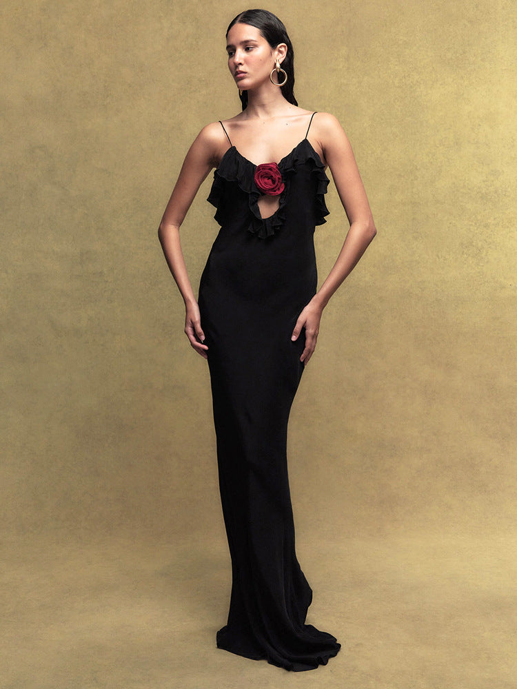 Damen Maxikleid mit voluminösem Rüsche und floraler Applikation Sovae