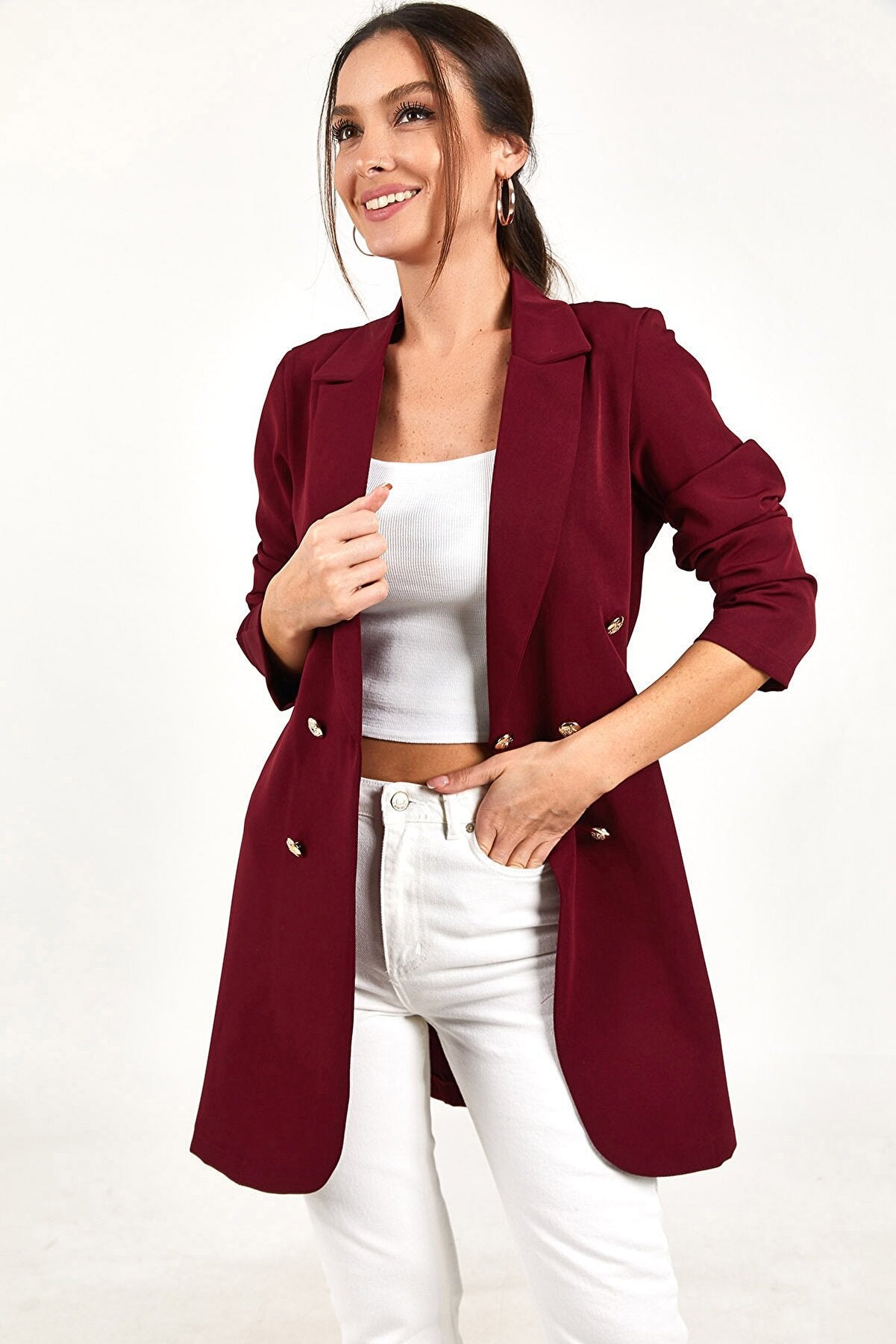 Damen eleganter Longblazer mit doppelter Knopfreihe Sovae