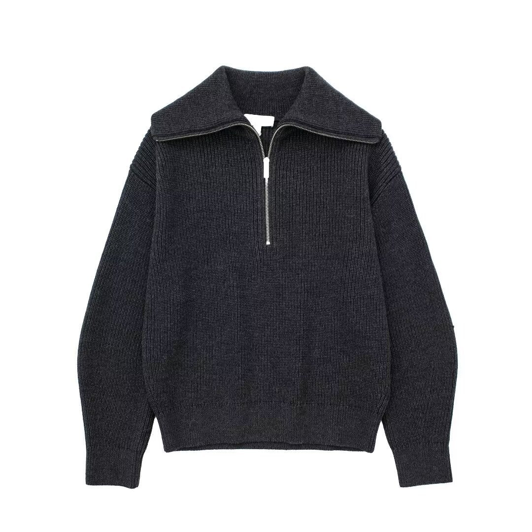 Damen modischer Strickpullover mit halbem Reißverschluss und Streifenmuster Sovae