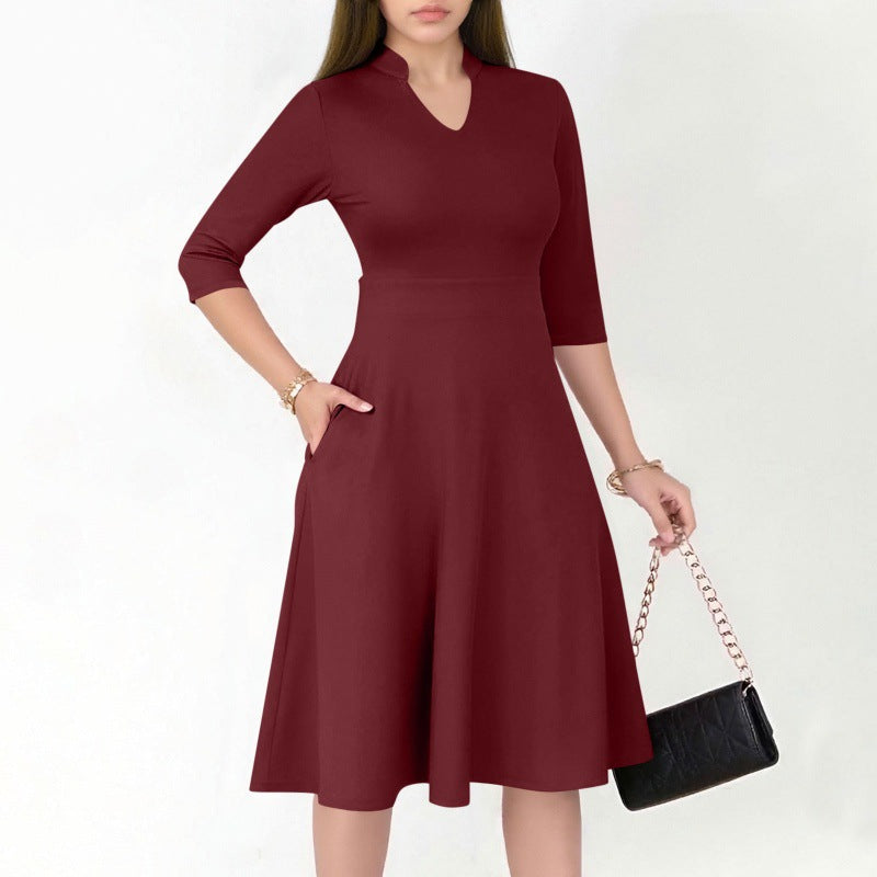 Damen A-Linien Kleid mit 3/4 Ärmeln und seitlichen Taschen Sovae