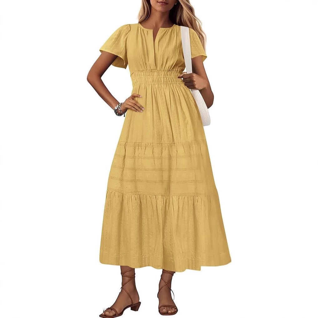 Damen Maxikleid mit modischem V-Ausschnitt und luftigen Rüschen Sovae