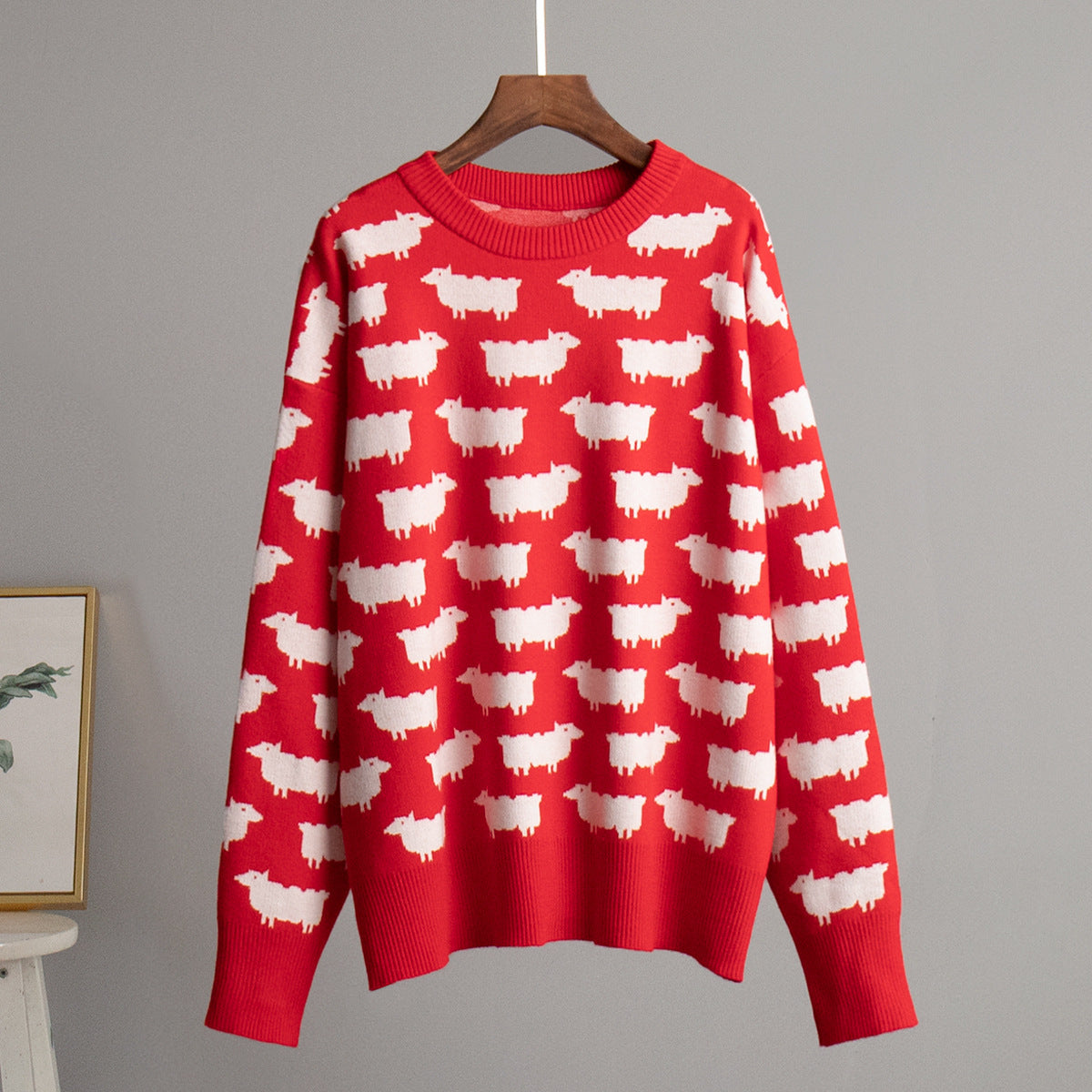Damen Gemusterter Strickpullover mit Schafmotiven Sovae