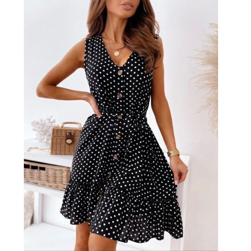 Damen Knielanges Polka-Dots Kleid mit Taillengürtel Sovae