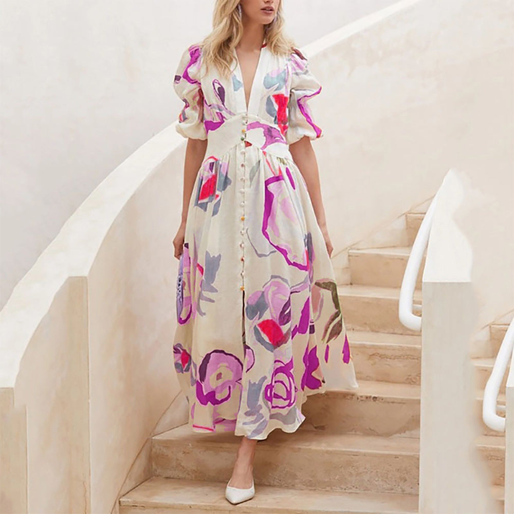 Damen Maxikleid mit voluminösen Ärmeln und floralem Muster Sovae