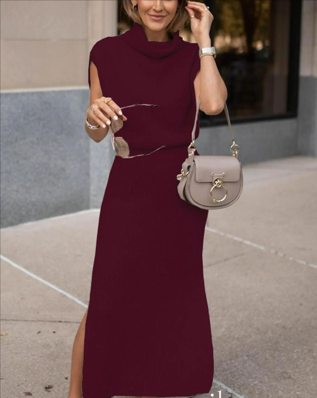 Damen Maxi-Strickkleid mit Rollkragen und Schlitz Sovae