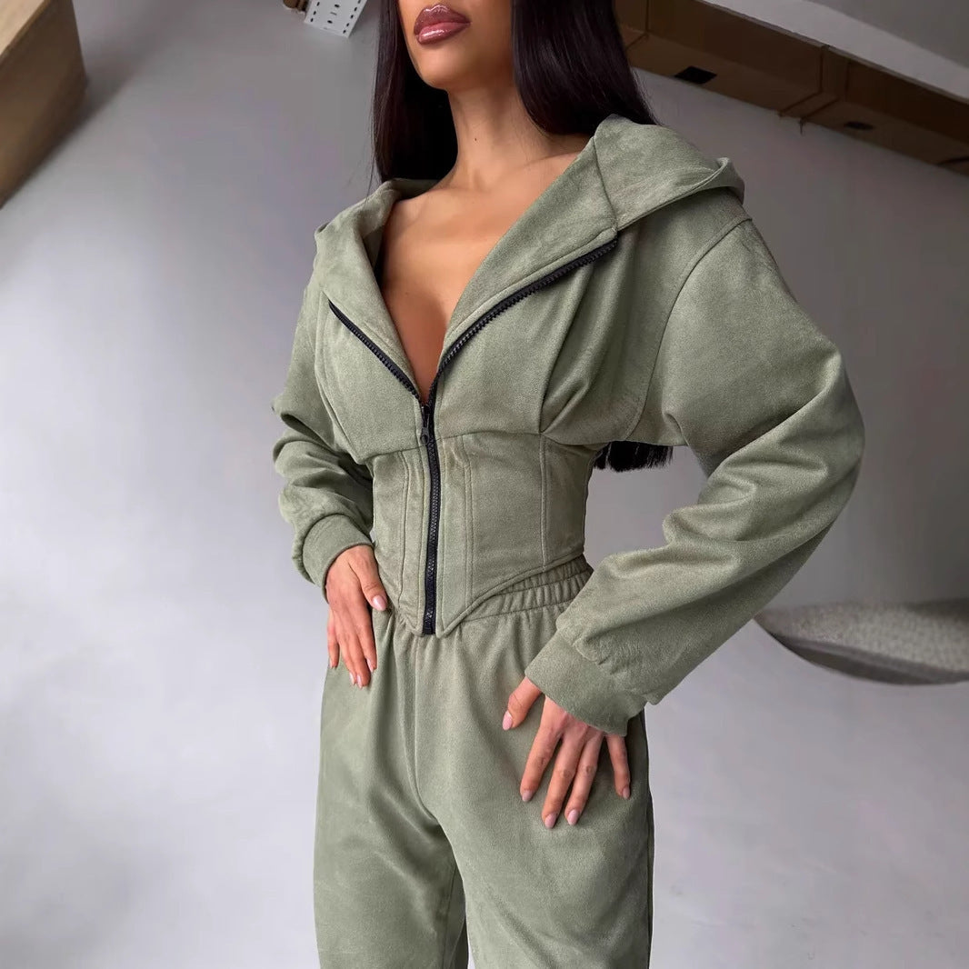 Damen sportlicher Jumpsuit mit Reißverschluss und Kapuze Sovae
