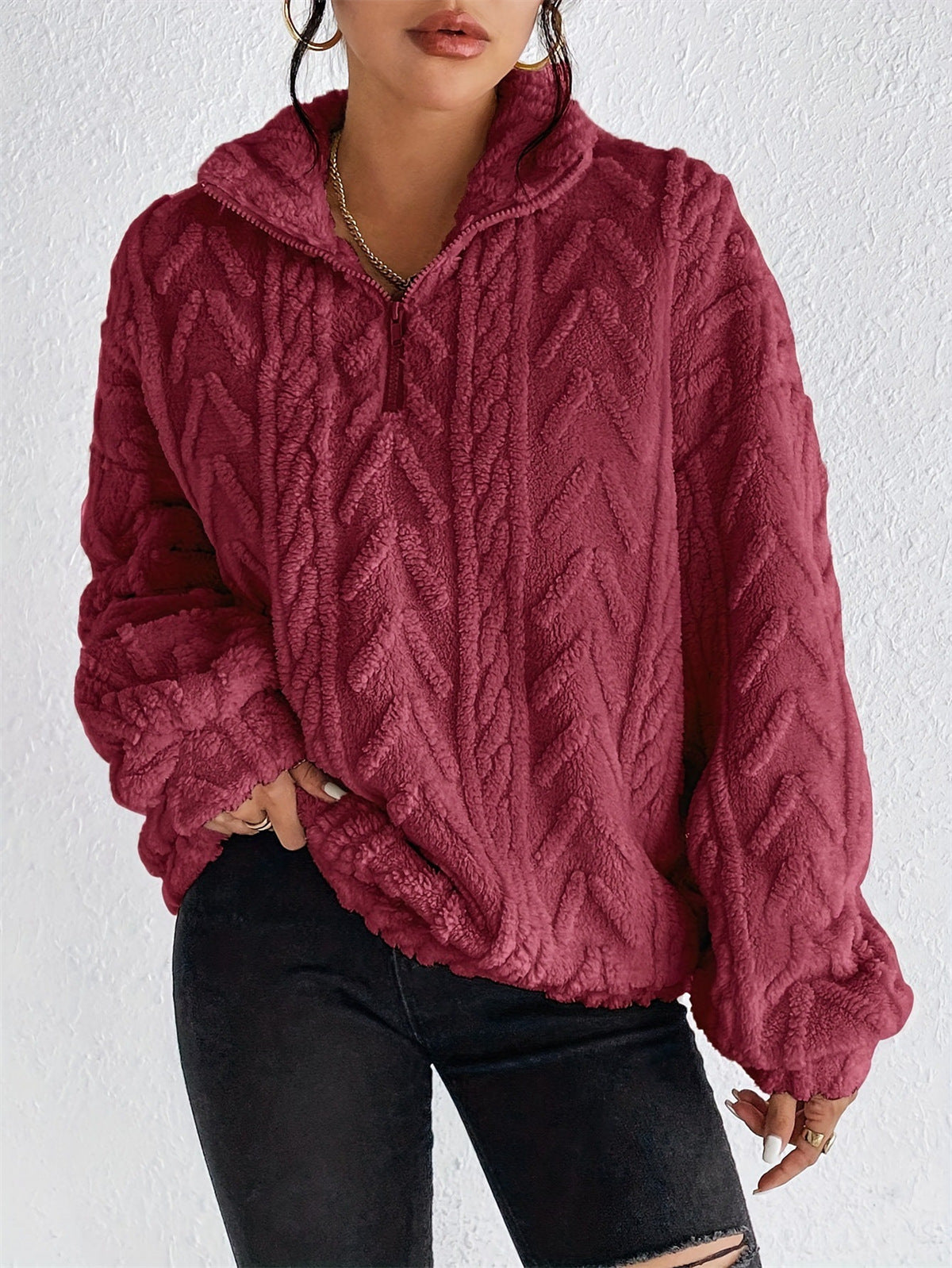 Damen gemütlicher Fleece-Pullover mit halbem Reißverschluss und strukturiertem Muster Sovae