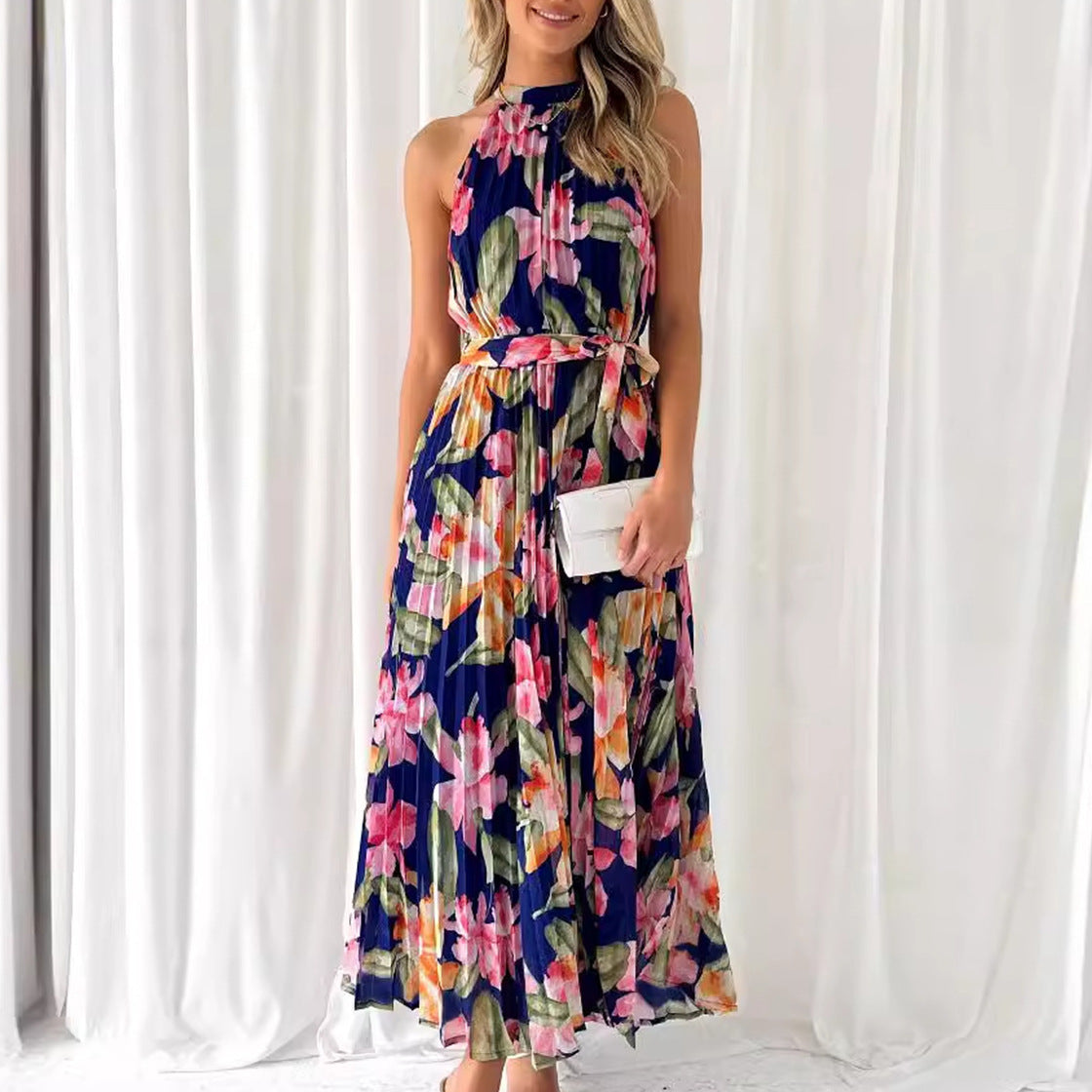 Damen florales Maxikleid mit halbem Kragen und Taillengürtel Sovae