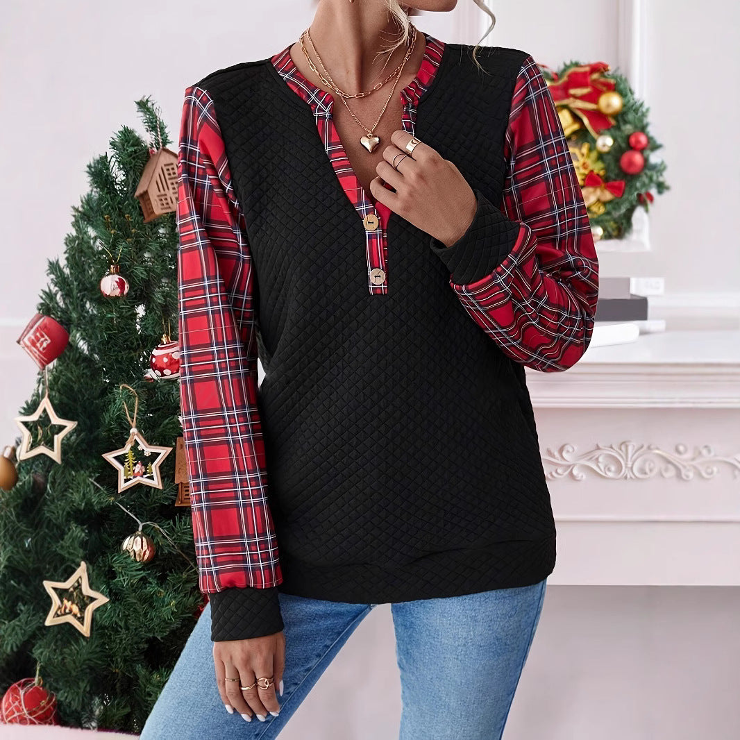 Damen modisches Langarmshirt mit Karomuster und Knopfdetail Sovae