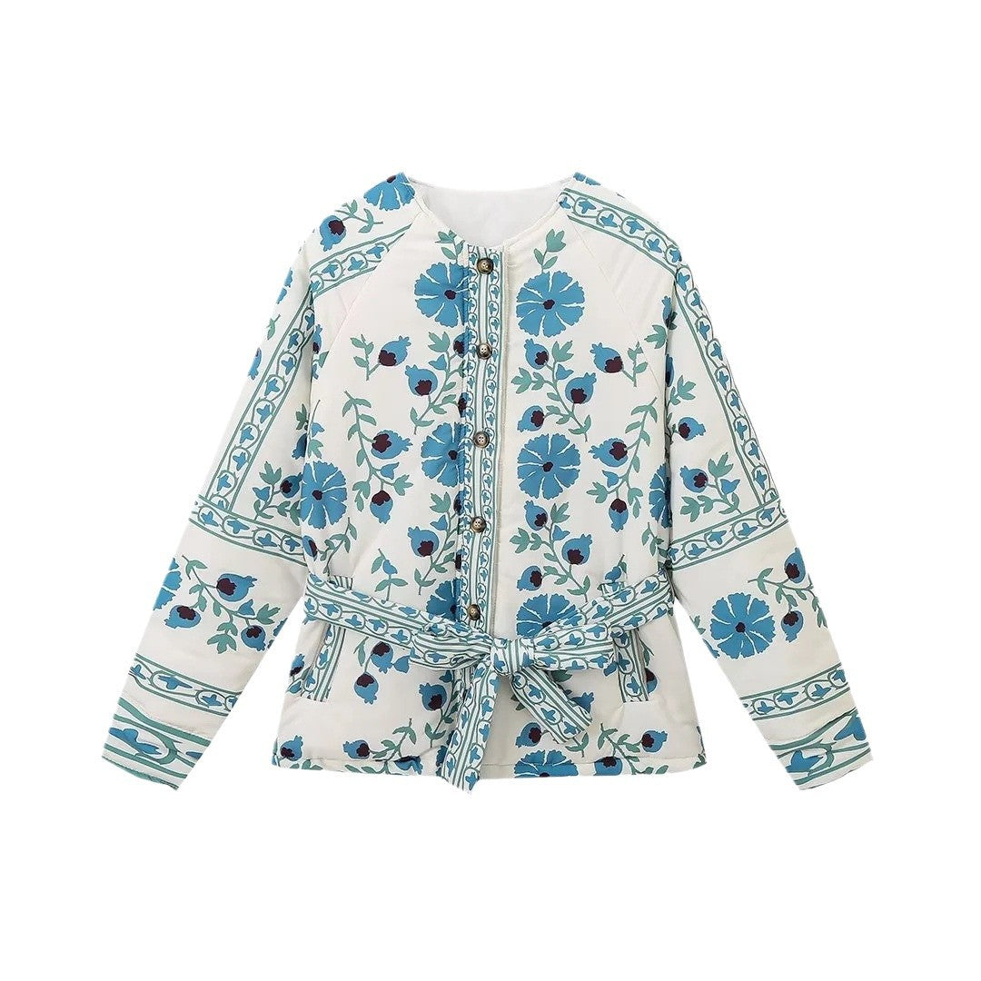 Damen leichte Bluse mit floralem Muster und dekorativem Bindegürtel Sovae