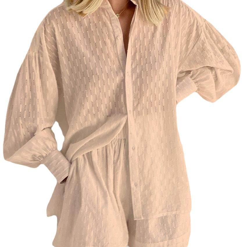 Damen lässiges Set mit strukturiertem Hemd und Shorts Sovae