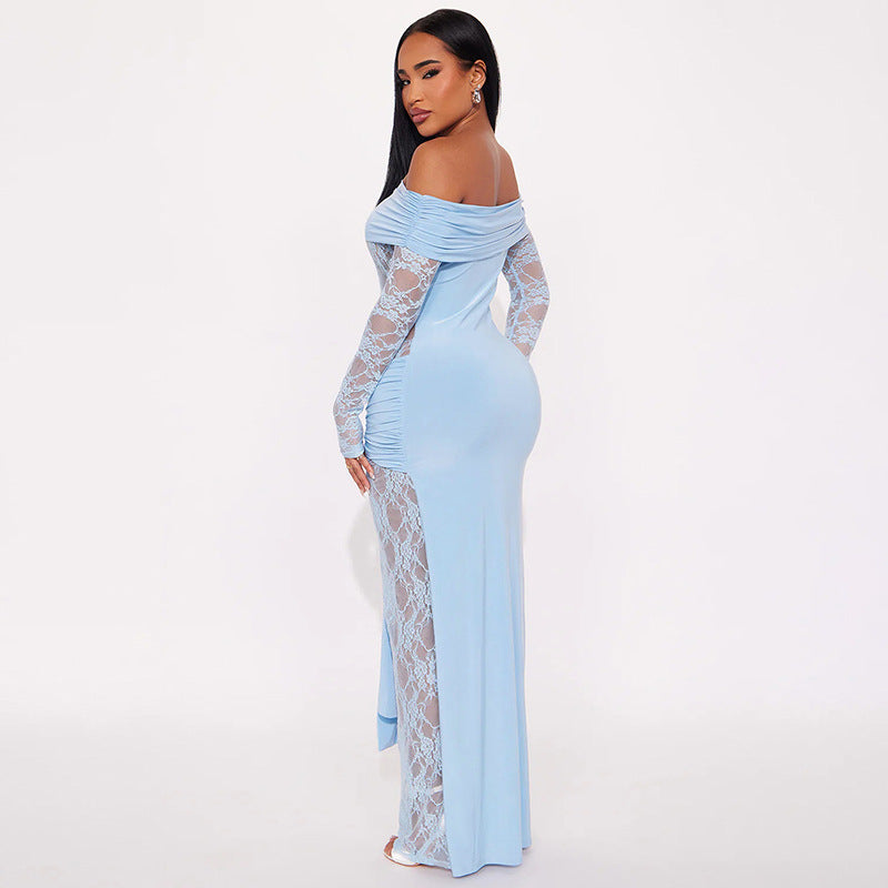 Damen Spitzenkleid mit schulterfreiem Design und taillierter Drapierung Sovae