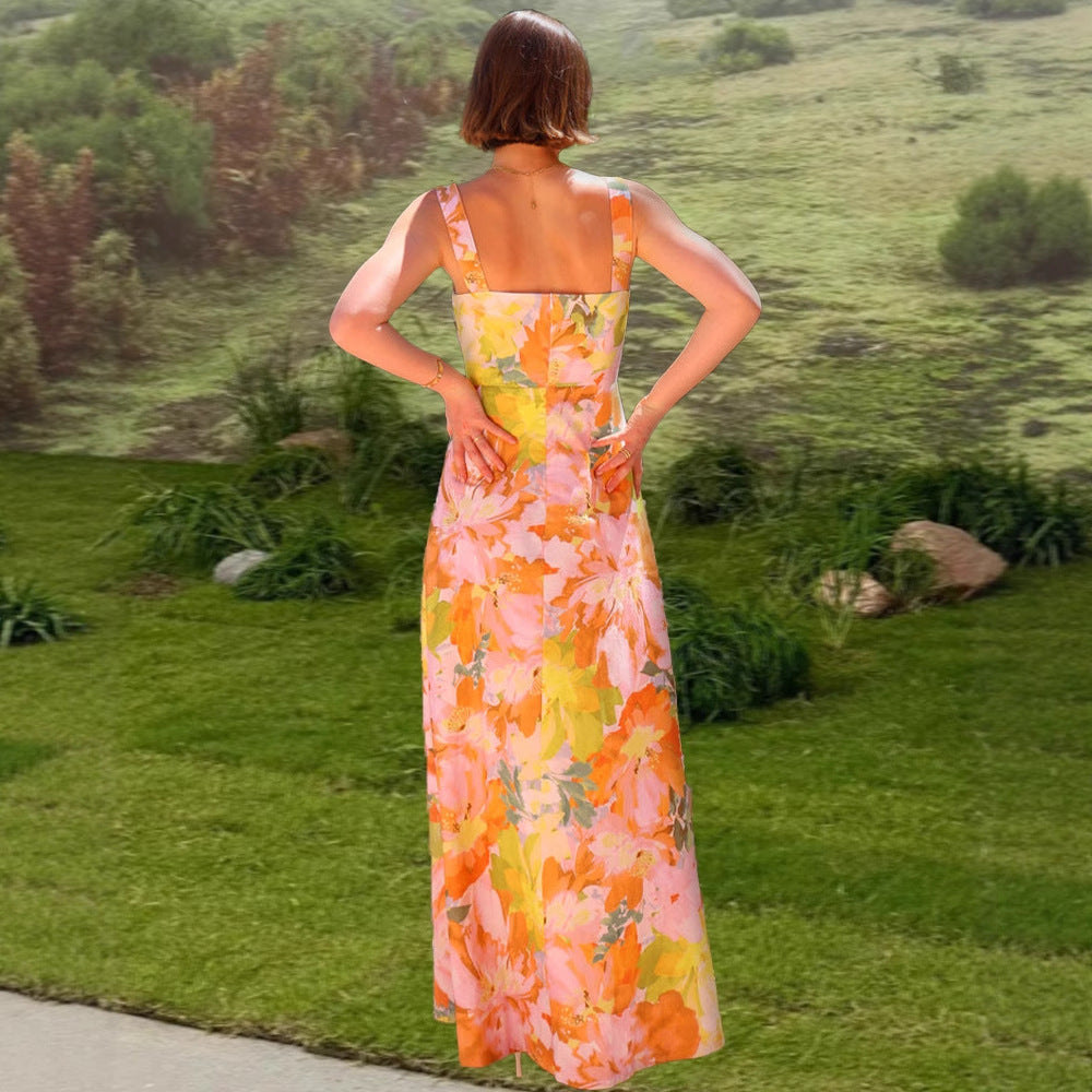 Damen florales Maxikleid mit quadratischem Ausschnitt und breiten Trägern Sovae