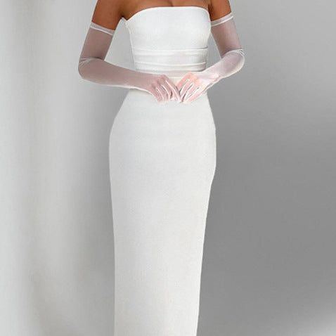 Damen Strapless Maxi-Kleid mit transparenten Ärmelakzenten und figurbetontem Schnitt Sovae